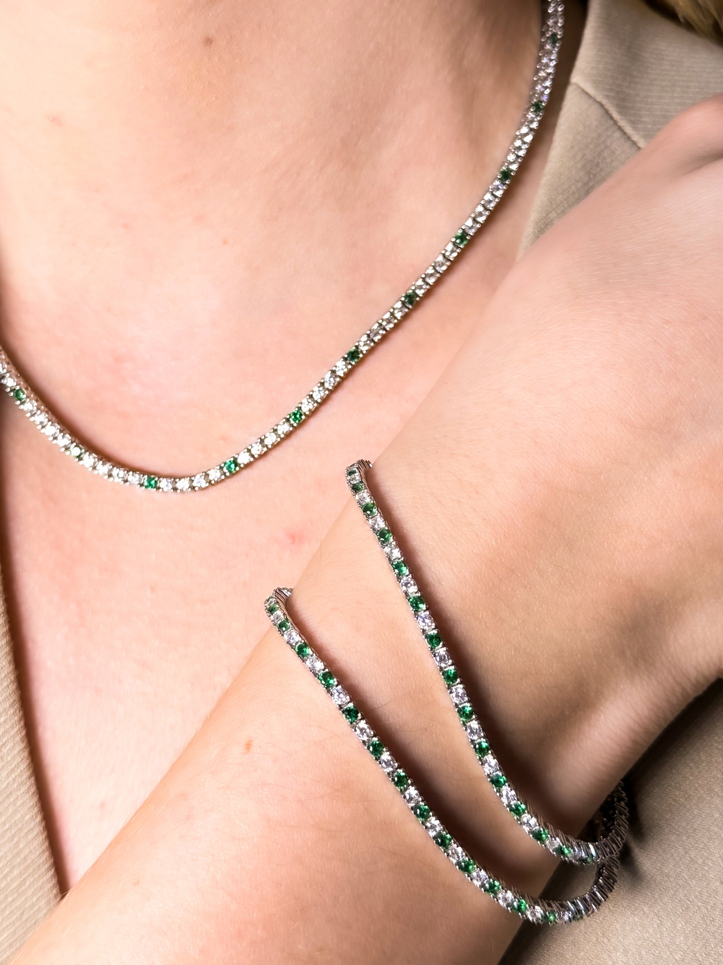 Two-Tone Green and Silver Tennis Bracelet