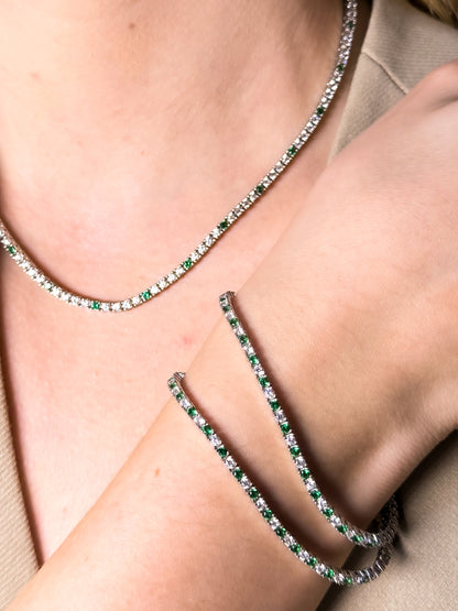 Two-Tone Green and Silver Tennis Bracelet